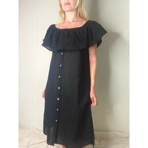 IRIS & INK Black Linen Ruffled Off the Shoulder Midi Dress US 12